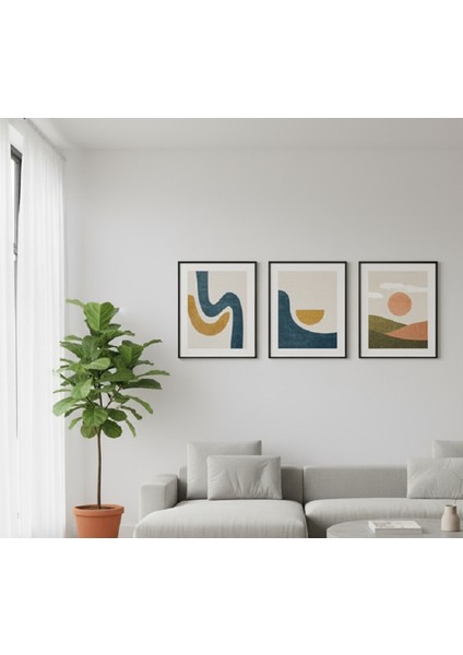 Modern Soyut Dalgalar ve Gün Batımı 3'lü Çerçeveli Tablo Seti,minimalist Salon Duvar Dekoru