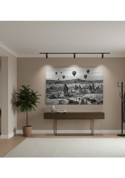 Siyah Beyaz Kapadokya Balon Kanvas Tablo, Modern Panoramik Peribacaları Manzarası Tablo