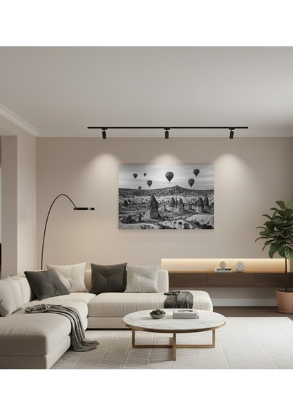 Siyah Beyaz Kapadokya Balon Kanvas Tablo, Modern Panoramik Peribacaları Manzarası Tablo fiyatları