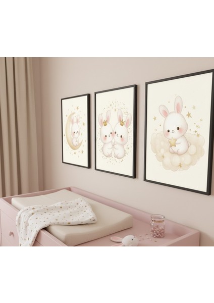 Bebek Odası 3lü Çerçeveli Tablo Seti, Bebek Odası Pastel Tonlarda Sevimli Hayvanlar Tablo Seti