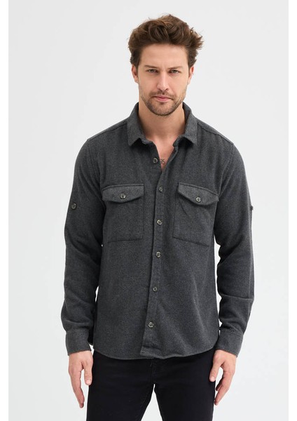 Erkek Rahat Kesim Spor Yaka Oduncu Flanel Çift Cep Kapaklı Kışlık Gömlek