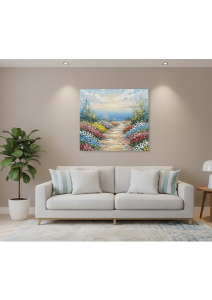 Manzaralı Kanvas Tablo,sahil Yolu ve Çiçek Tarlası Tablo, Manzara Tablo, Mavi Tablo fiyatları