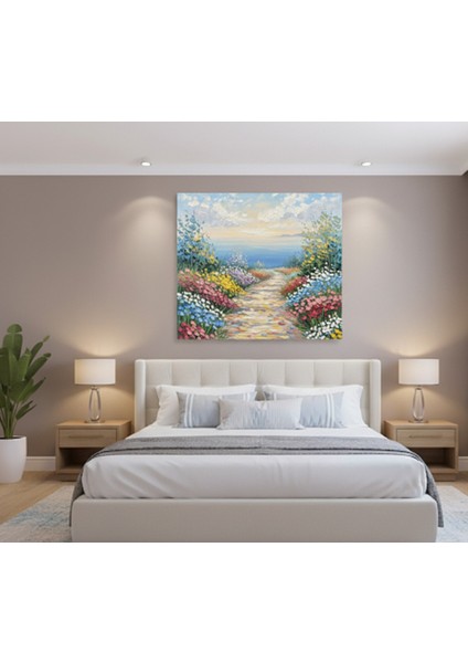 Manzaralı Kanvas Tablo,sahil Yolu ve Çiçek Tarlası Tablo, Manzara Tablo, Mavi Tablo modelleri