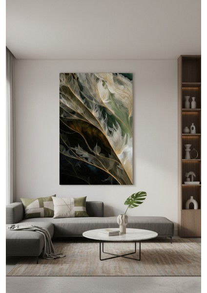 Doğa Esintili Yeşil Siyah Soyut Yaprak Kanvas Tablo | Modern Duvar Dekoru
