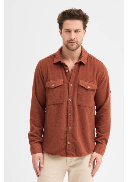 Erkek Rahat Kesim Spor Yaka Oduncu Flanel Çift Cep Kapaklı Kışlık Gömlek