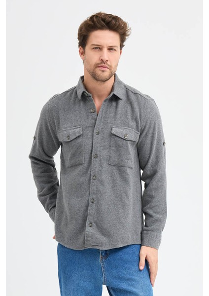 Erkek Rahat Kesim Spor Yaka Oduncu Flanel Çift Cep Kapaklı Kışlık Gömlek