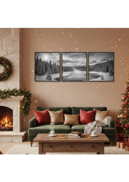3'lü Siyah Beyaz Kış Manzarası Tablo Seti | Çerçeveli Dağ ve Buzlu Göl Duvar Dekoru