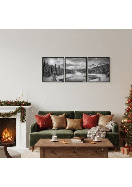 3'lü Siyah Beyaz Kış Manzarası Tablo Seti | Çerçeveli Dağ ve Buzlu Göl Duvar Dekoru fiyatları
