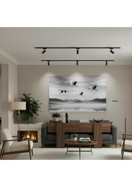 Siyah Beyaz Uçan Kuşlar Kanvas Tablo,uçan Turnalar ve Sisli Manzara Tablo,salon, Oturma Odası Tablo