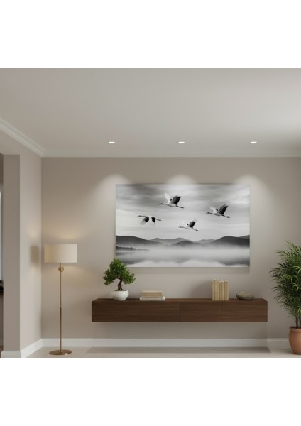 Siyah Beyaz Uçan Kuşlar Kanvas Tablo,uçan Turnalar ve Sisli Manzara Tablo,salon, Oturma Odası Tablo fiyatları