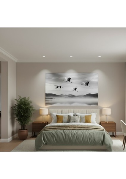 Siyah Beyaz Uçan Kuşlar Kanvas Tablo,uçan Turnalar ve Sisli Manzara Tablo,salon, Oturma Odası Tablo modelleri