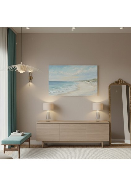 Yatak Odası ve Salon Için Huzur Veren Sahil Manzaralı Yağlı Boya Efektli Kanvas Tablo modelleri