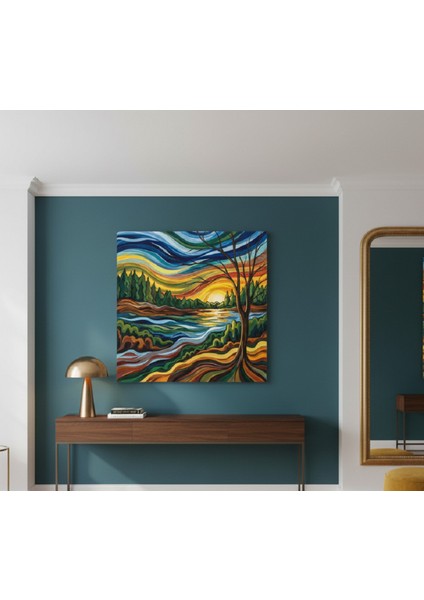 Soyut Manzara Gün Batımı Kanvas Tablo - Canlı Renkler ve Dalgalı Çizgiler, Modern Doğa Tablosu