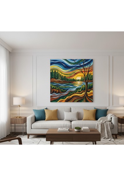 Soyut Manzara Gün Batımı Kanvas Tablo - Canlı Renkler ve Dalgalı Çizgiler, Modern Doğa Tablosu fiyatları
