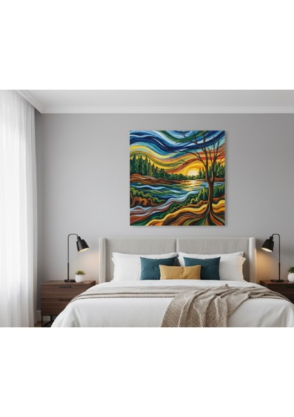 Soyut Manzara Gün Batımı Kanvas Tablo - Canlı Renkler ve Dalgalı Çizgiler, Modern Doğa Tablosu modelleri