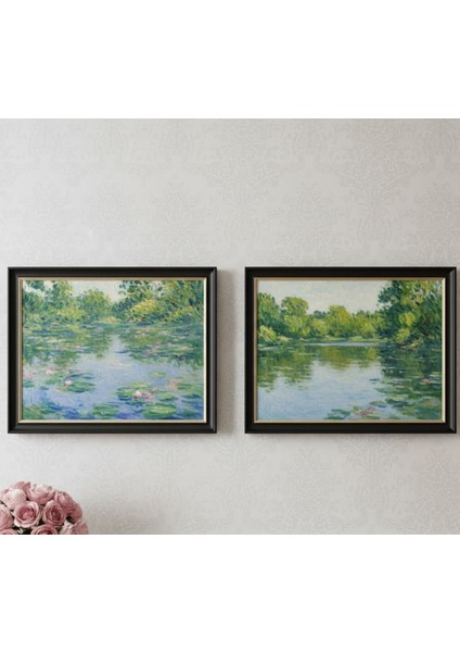 Monet Tarzı Yeşil ve Mavi Doğa Tabloları Ikili Set,mavi Yeşil Tonlarda 2'li Sanat Eseri Tablo Seti