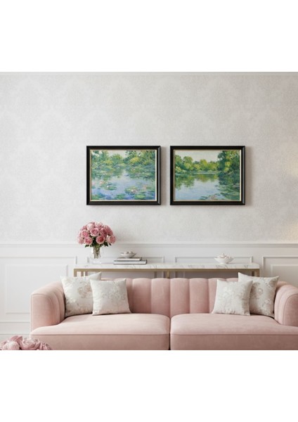 Monet Tarzı Yeşil ve Mavi Doğa Tabloları Ikili Set,mavi Yeşil Tonlarda 2'li Sanat Eseri Tablo Seti fiyatları