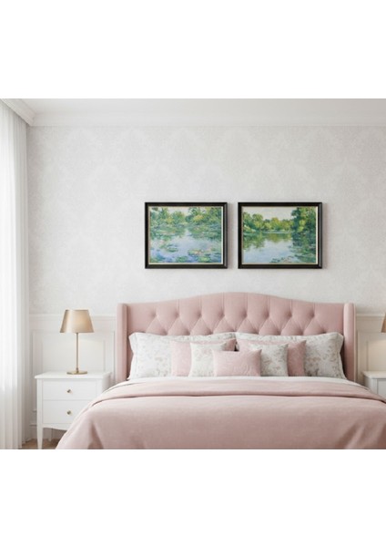 Monet Tarzı Yeşil ve Mavi Doğa Tabloları Ikili Set,mavi Yeşil Tonlarda 2'li Sanat Eseri Tablo Seti modelleri