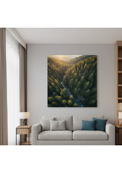 Yeşil Orman ve Mavi Nehir Kanvas Baskı Tablo,havadan Orman ve Nehir Tablosu