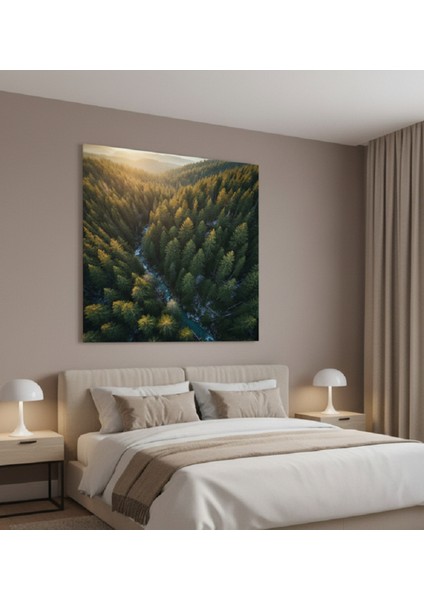 Yeşil Orman ve Mavi Nehir Kanvas Baskı Tablo,havadan Orman ve Nehir Tablosu modelleri