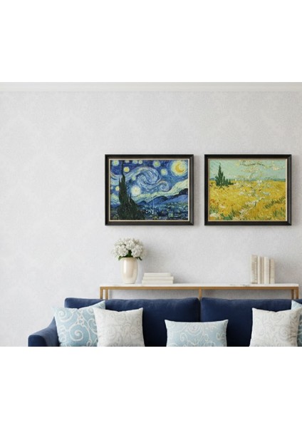 Siyah Çerçeveli Van Gogh Tarzı Duvar Tablo Ikili Set, 2'li Yıldızlı Gece Tablo Seti