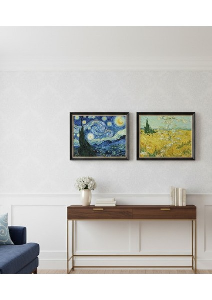 Siyah Çerçeveli Van Gogh Tarzı Duvar Tablo Ikili Set, 2'li Yıldızlı Gece Tablo Seti modelleri