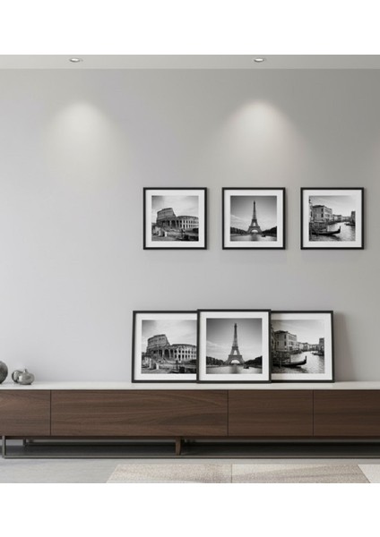 Ünlü Şehirler Siyah Beyaz Kare Çerçeveli 3'lü Tablo Seti, Roma, Paris, Venedik Manzaralı 3'lü Tablo