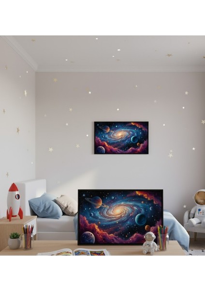 Uzay ve Galaksi Temalı Duvar Tablosu | Canlı Renkli Samanyolu Çocuk Odası Çerçeveli Dekoru