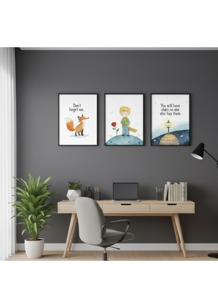 3lü Çocuk Odası Için Çerçeveli Tablo Seti, Küçük Prens Temalı Çocuk Genç Odası Duvar Dekoru
