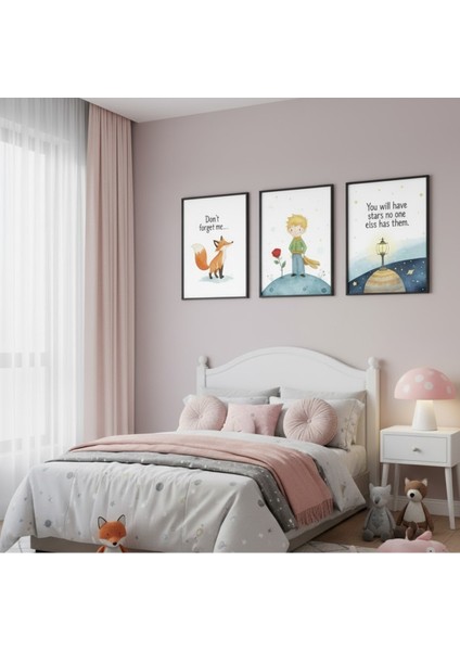 3lü Çocuk Odası Için Çerçeveli Tablo Seti, Küçük Prens Temalı Çocuk Genç Odası Duvar Dekoru modelleri