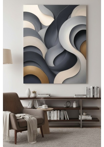 Soyut Gri ve Bej Dalgalar Kanvas Tablo Modern Ev Dekorasyon