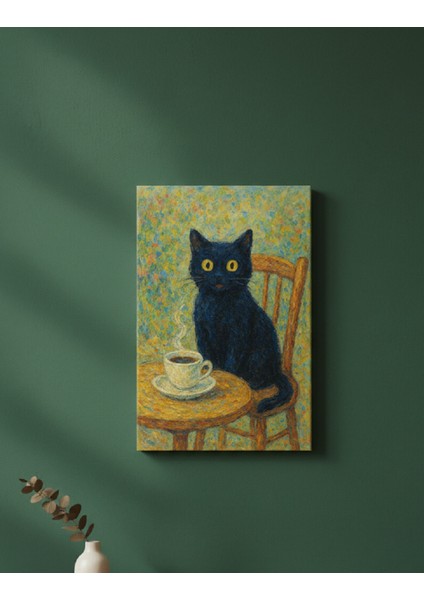 Monet Tarzı Kedi ve Kahve Tablosu,sıcak Renklerde Kedi ve Kahve Molası,ev ve Kafe Dekorasyonu Tablo