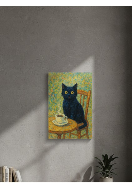 Monet Tarzı Kedi ve Kahve Tablosu,sıcak Renklerde Kedi ve Kahve Molası,ev ve Kafe Dekorasyonu Tablo modelleri