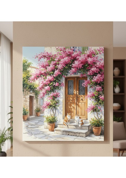 Yağlı Boya Efektli Kanvas Tablo, Akdeniz Evi Begonvil Çiçekler ve Kediler Tablosu