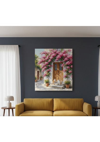 Yağlı Boya Efektli Kanvas Tablo, Akdeniz Evi Begonvil Çiçekler ve Kediler Tablosu fiyatları