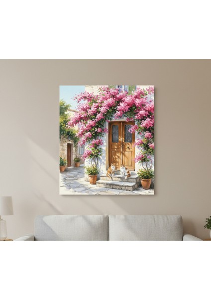 Yağlı Boya Efektli Kanvas Tablo, Akdeniz Evi Begonvil Çiçekler ve Kediler Tablosu modelleri