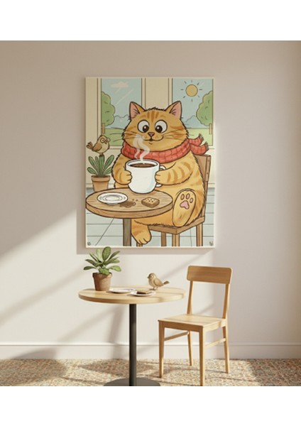 Kahve Köşesi Tablo, Kahve Seven Kedi Kanvas Tablo | Mizahi ve Sevimli Duvar Sanatı | Kafe Dekorasyon