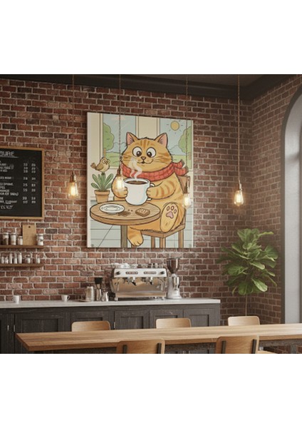 Kahve Köşesi Tablo, Kahve Seven Kedi Kanvas Tablo | Mizahi ve Sevimli Duvar Sanatı | Kafe Dekorasyon fiyatları