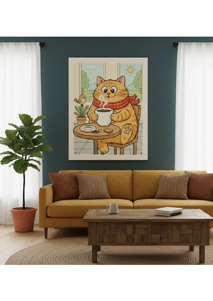 Kahve Köşesi Tablo, Kahve Seven Kedi Kanvas Tablo | Mizahi ve Sevimli Duvar Sanatı | Kafe Dekorasyon modelleri