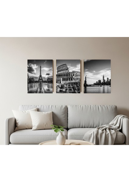 3'lü Siyah Beyaz New York Paris Roma Kanvas Tablo Seti, Ev Ofis Duvarminimalist Şık ve Modern Tablo