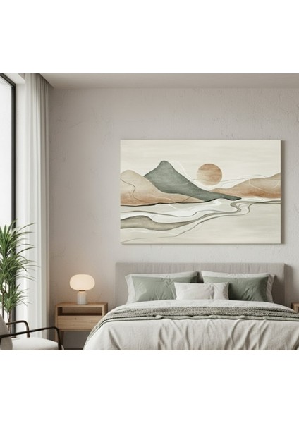 Modern Soyut Dağ Manzaralı Kanvas Tablo, Bej Kahve Yeşil Tonlarda Minimalist Doğa Kanvas Tablo
