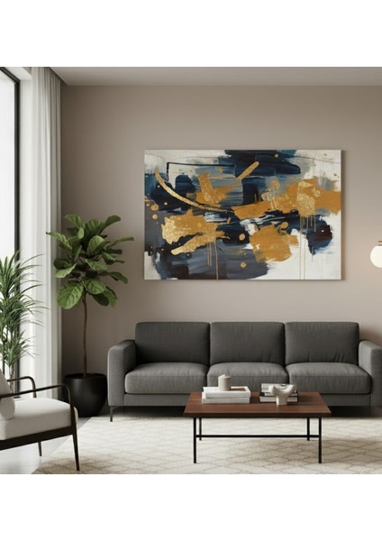 Lüks Soyut Kanvas Tablo | Lacivert, Beyaz ve Altın Detaylı Modern Tablo