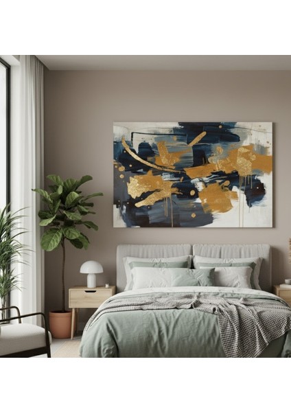 Lüks Soyut Kanvas Tablo | Lacivert, Beyaz ve Altın Detaylı Modern Tablo fiyatları