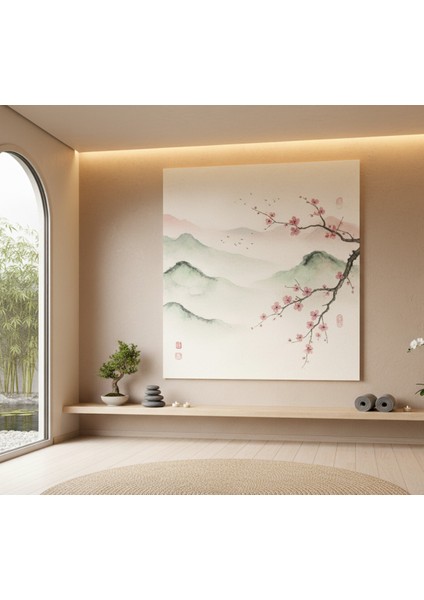 Japon Stili Suluboya Efektli Kanvas Tablo | Kiraz Çiçeği (Sakura) ve Puslu Dağ Manzarası Tablo