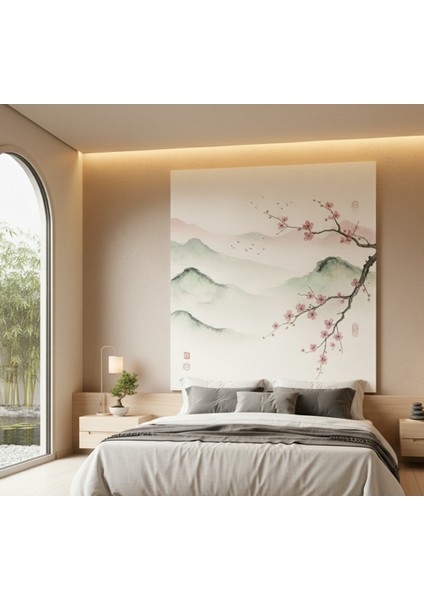 Japon Stili Suluboya Efektli Kanvas Tablo | Kiraz Çiçeği (Sakura) ve Puslu Dağ Manzarası Tablo fiyatları