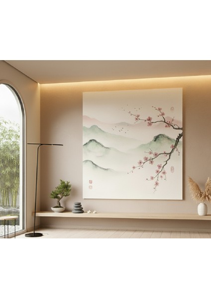 Japon Stili Suluboya Efektli Kanvas Tablo | Kiraz Çiçeği (Sakura) ve Puslu Dağ Manzarası Tablo modelleri