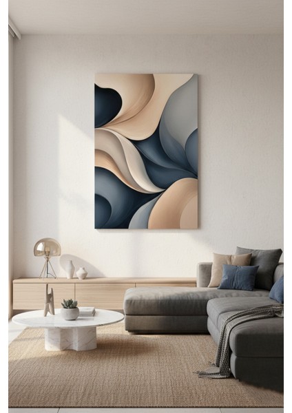 Soyut Mavi Bej Gri Dalgalı Şekiller Modern Kanvas Tablo - Duvar Dekoru