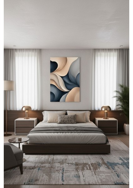 Soyut Mavi Bej Gri Dalgalı Şekiller Modern Kanvas Tablo - Duvar Dekoru modelleri
