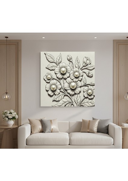 Modern Kanvas Tablo, El Yapımı Hissi Veren Inci ve Çiçek Figürlü 3D Efekt Dekoratif Kanvas Tablo