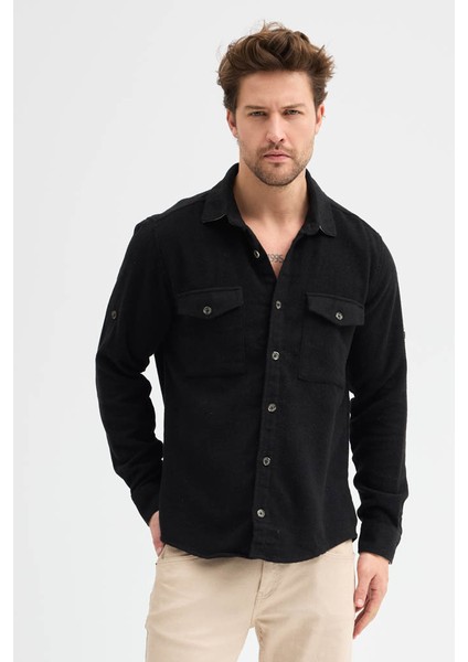 Erkek Rahat Kesim Spor Yaka Oduncu Flanel Çift Cep Kapaklı Kışlık Gömlek